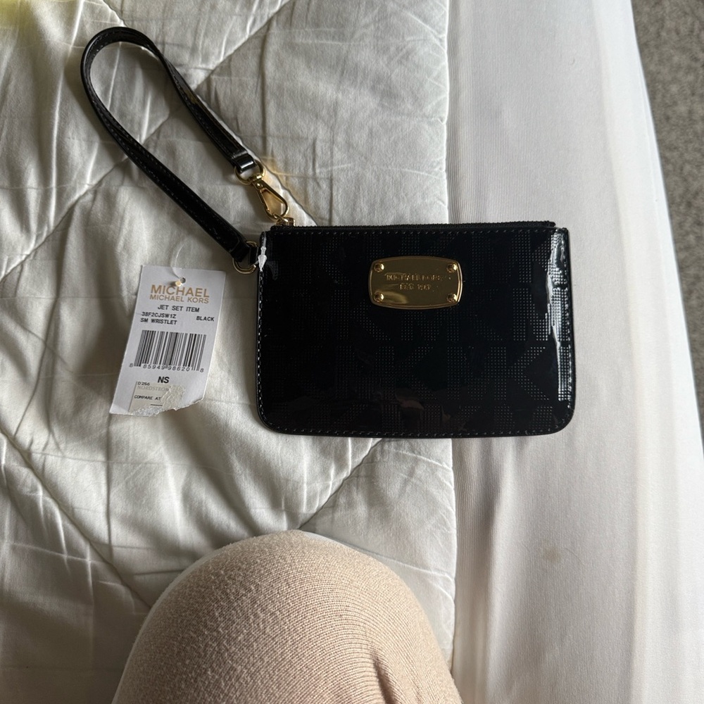 Michael Kors Black Patent Wristlet with Gold Accents